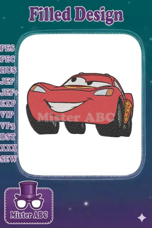 A detailed embroidery design of Lightning McQueen, the red race car from Disney Pixar's Cars, smiling.