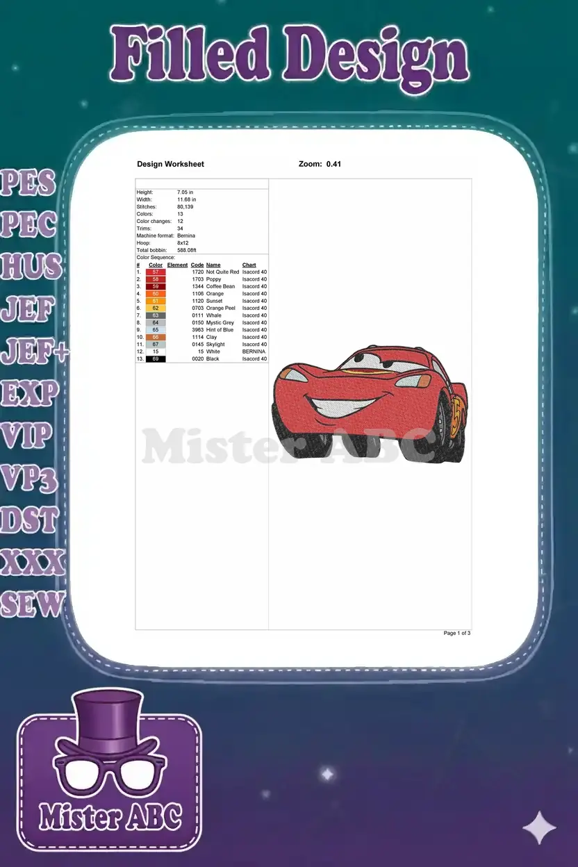 Embroidery design worksheet for Lightning McQueen, showing dimensions, stitch count, 13 colors, and machine details.
