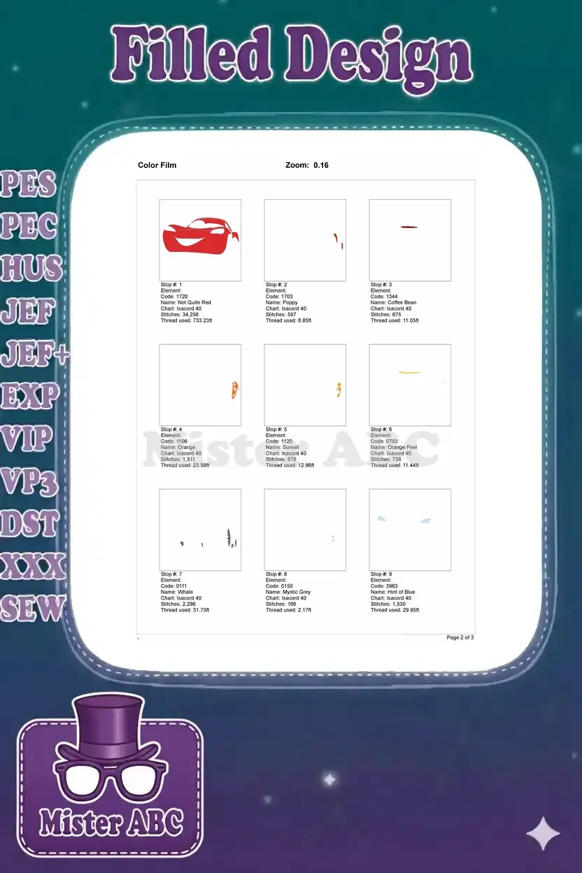 Color film sequence (page 2 of 3) for Lightning McQueen embroidery, showing stitch order and color elements.