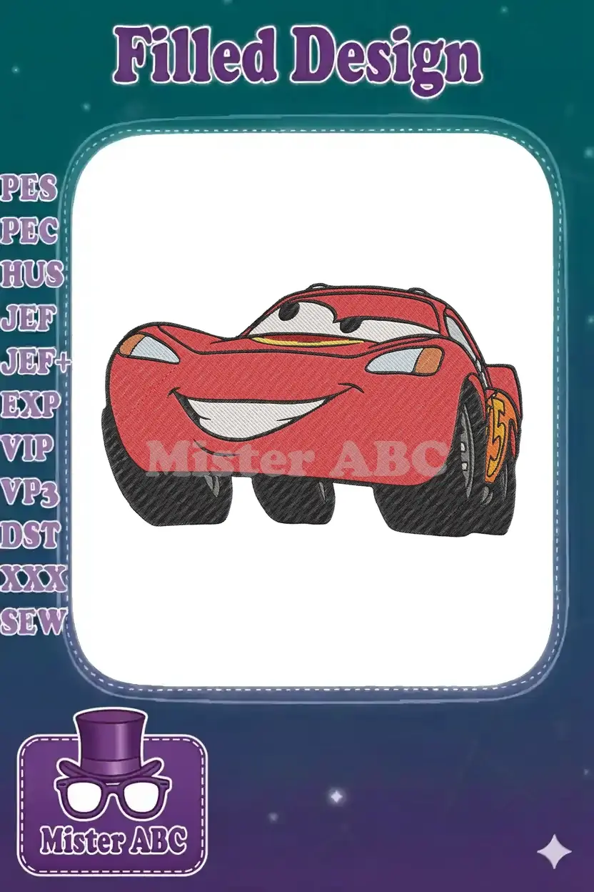 A detailed embroidery design of Lightning McQueen, the red race car from Disney Pixar's Cars, smiling.