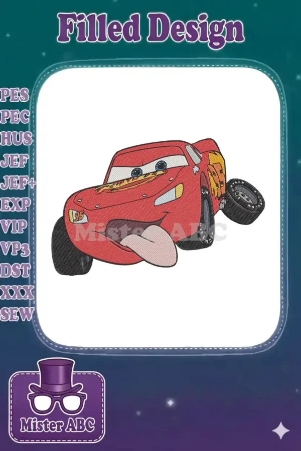 Vibrant embroidery of Lightning McQueen from Disney's Cars, showing a playful tongue-out expression, ready for fun.