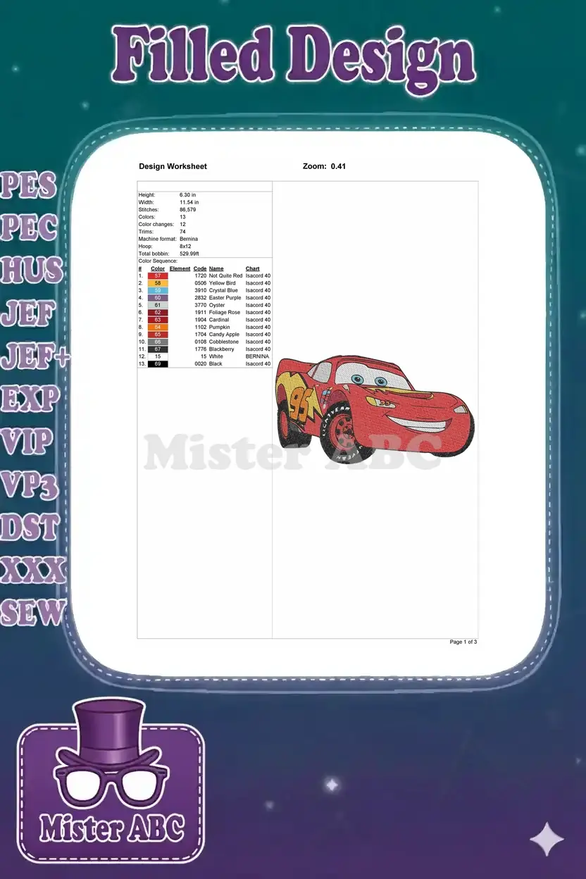 Design worksheet for Lightning McQueen embroidery, detailing dimensions, stitch count, colors, and thread chart.