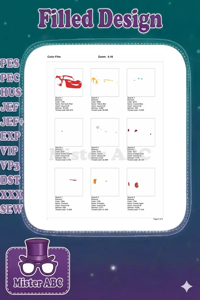 First page of the color film for Lightning McQueen embroidery, showing the initial stitch elements and thread info.