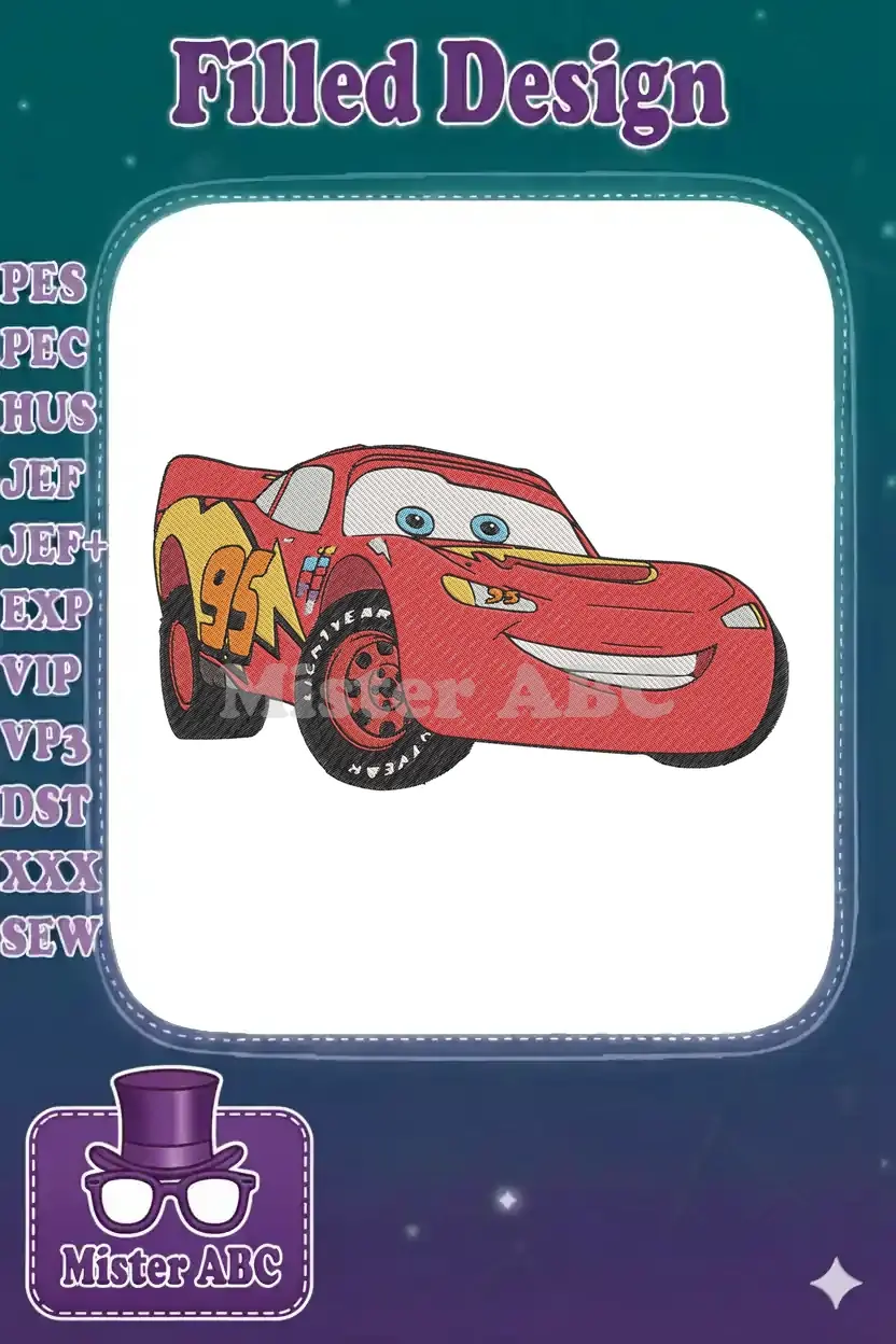 Full-color embroidered Lightning McQueen design, a vibrant and detailed character from Disney Pixar's Cars movie.