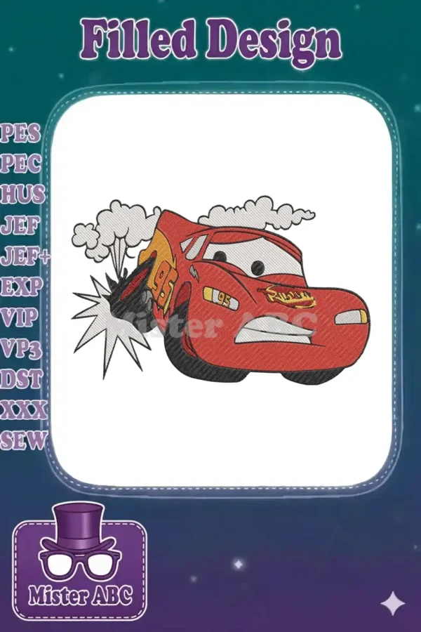 Vibrant Lightning McQueen embroidery, mid-action with smoke and impact lines, ready for your next project.