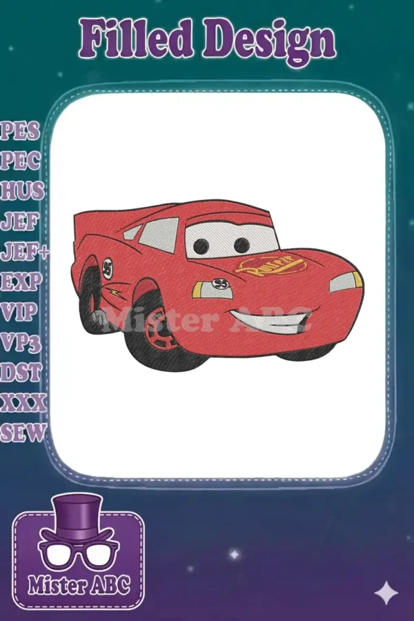 Vibrant red Lightning McQueen embroidery design with bold black outlines, white windows, and yellow details, ready for stitching.