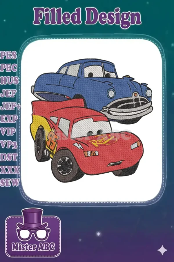 Embroidery design featuring Lightning McQueen, the red race car, and the blue classic car, Doc Hudson, from Disney Cars.