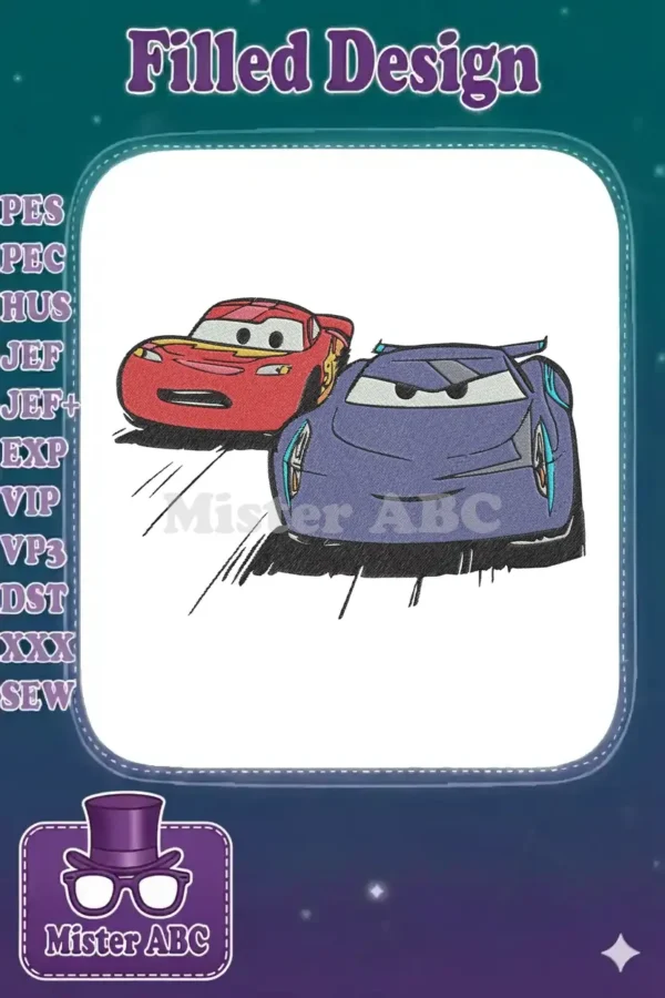Full-color embroidery of Lightning McQueen (red) and Jackson Storm (blue) racing on a white background, dynamic design.
