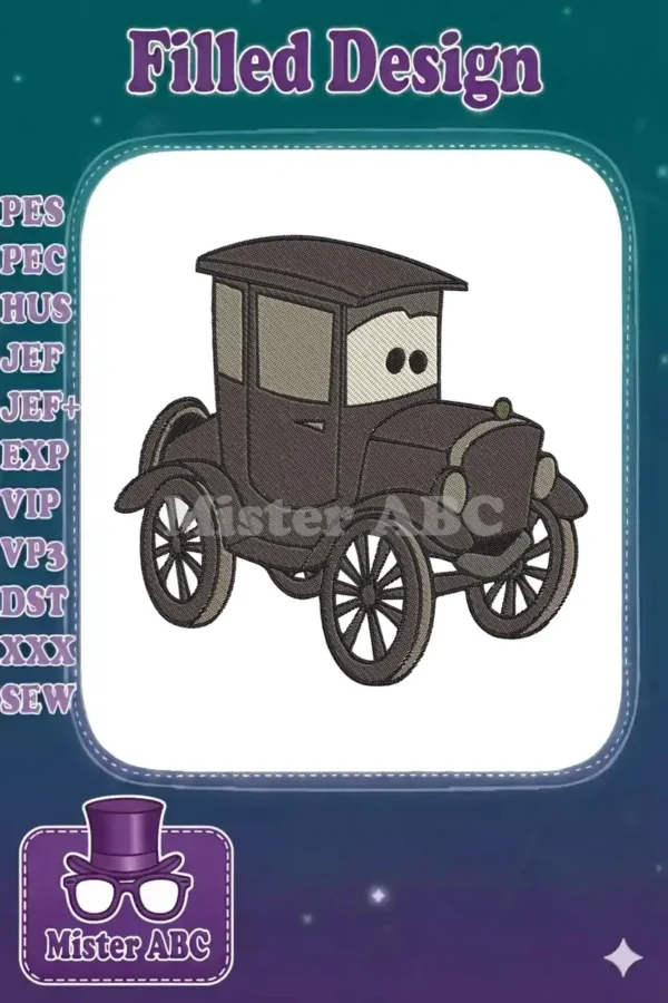 A charming embroidery design of Lizzie, the vintage car from Disney's Cars, featuring detailed fill stitches.