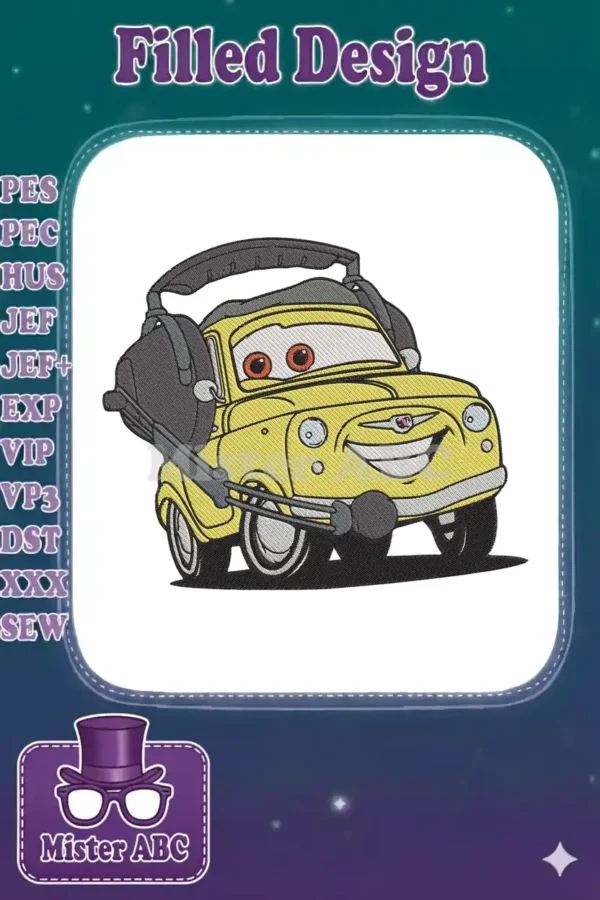 Luigi from Disney Pixar's Cars, a yellow fiat, wearing large black headphones, smiling brightly.