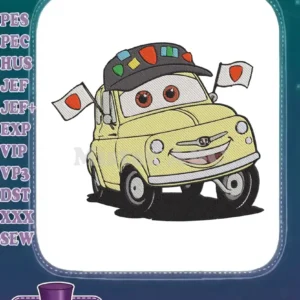 A vibrant embroidery of a smiling yellow cartoon car wearing a dark cap with colorful patches and two Japanese flags.