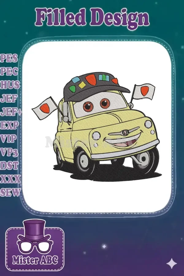 A vibrant embroidery of a smiling yellow cartoon car wearing a dark cap with colorful patches and two Japanese flags.