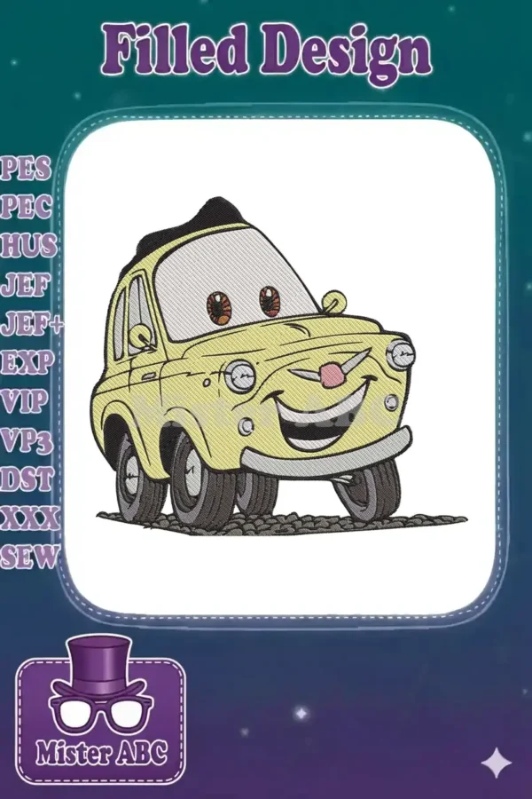 A digitally embroidered, cheerful yellow cartoon car, possibly Luigi from Cars, with a wide smile and expressive eyes.