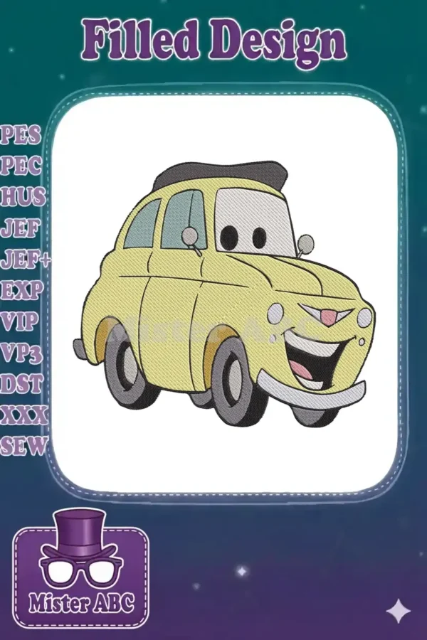 A cheerful yellow cartoon car, Luigi from Disney Pixar's Cars, depicted as a detailed machine embroidery design.