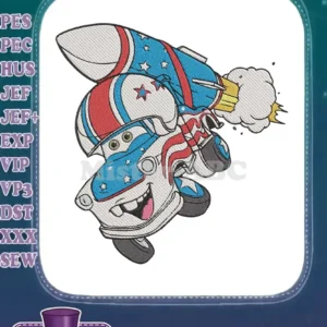 Mater from Disney's Cars as a patriotic rocket embroidery design, featuring red, white, and blue colors with stars, mid-flight.