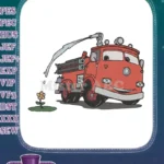 Smiling Red Fire Truck Spraying Water Flower Embroidery Designs - Instant Download