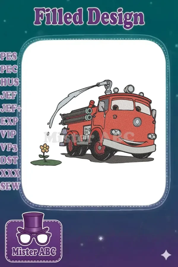 A vibrant embroidery design featuring Red, the friendly red fire truck from Cars, spraying water, with a small flower.