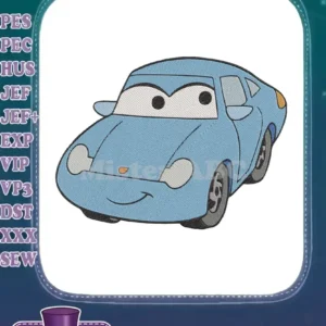 Embroidered Sally Carrera, the blue Porsche from Disney Pixar's Cars, smiling with expressive eyes on a white background.