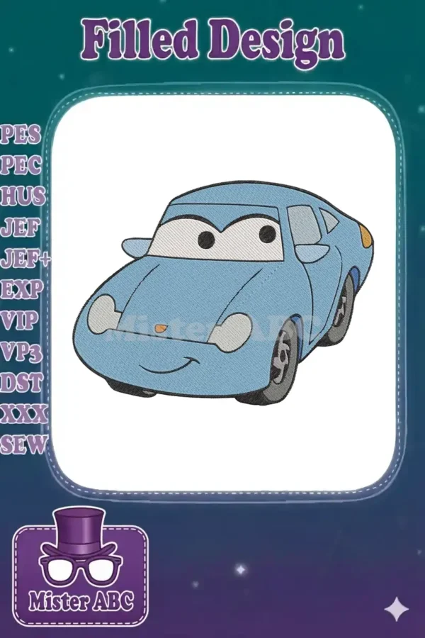 Embroidered Sally Carrera, the blue Porsche from Disney Pixar's Cars, smiling with expressive eyes on a white background.