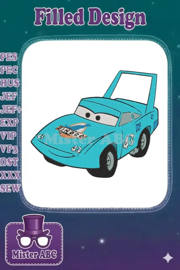 Detailed embroidery of a light blue Dinoco 43 race car, featuring the iconic 'The King' design from Cars.