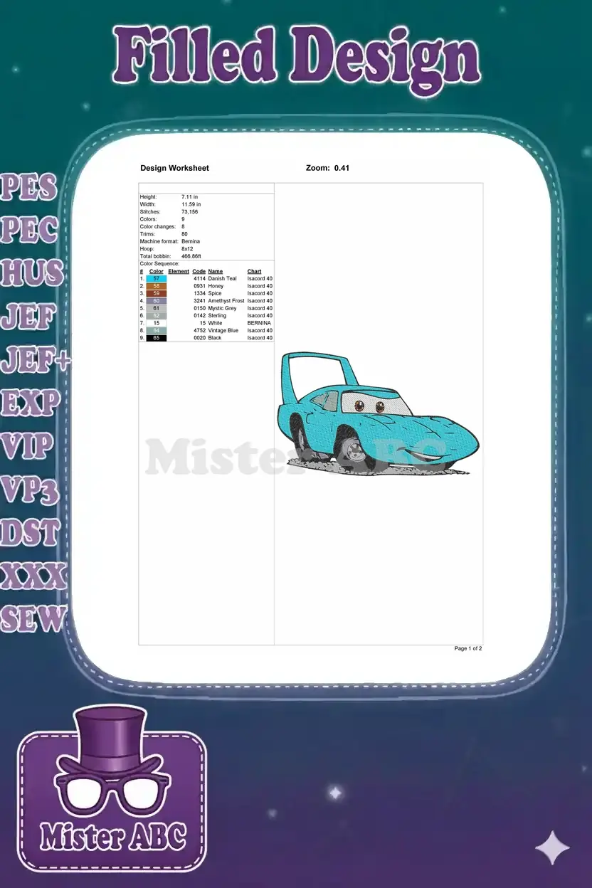 Embroidery design worksheet showing dimensions, stitch count, color sequence, and machine format details.