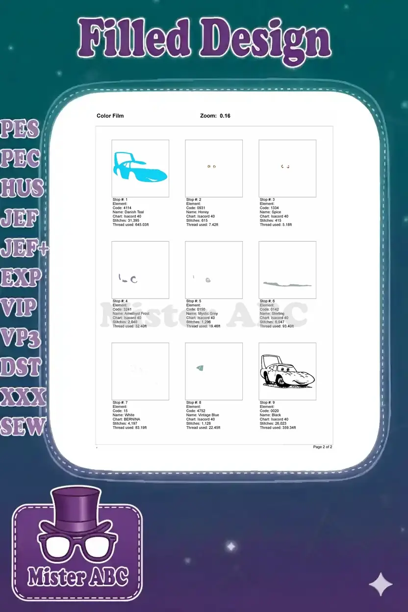 Color film sequence illustrating the step-by-step stitching process for the cartoon car embroidery design.