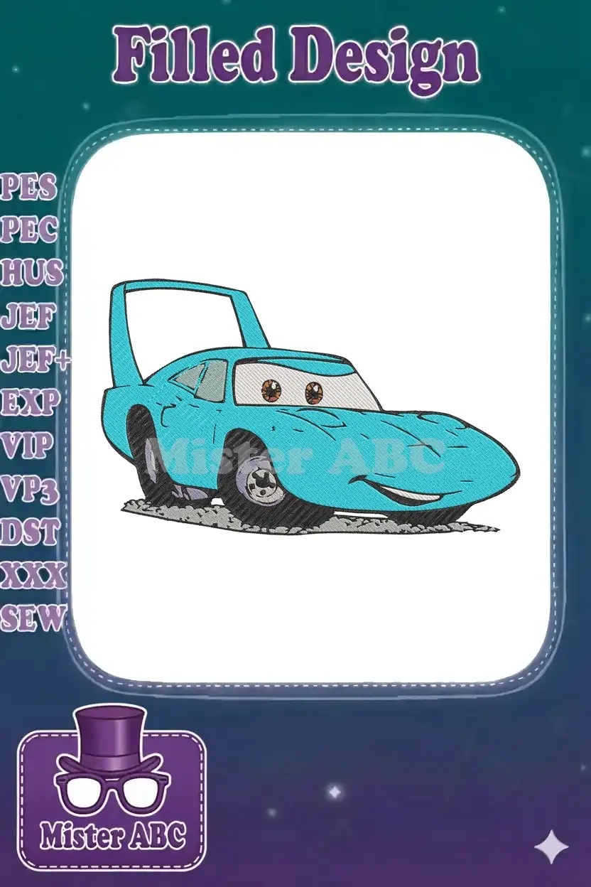 A cheerful light blue cartoon car embroidery design with a friendly face and playful, dynamic lines on a white background.