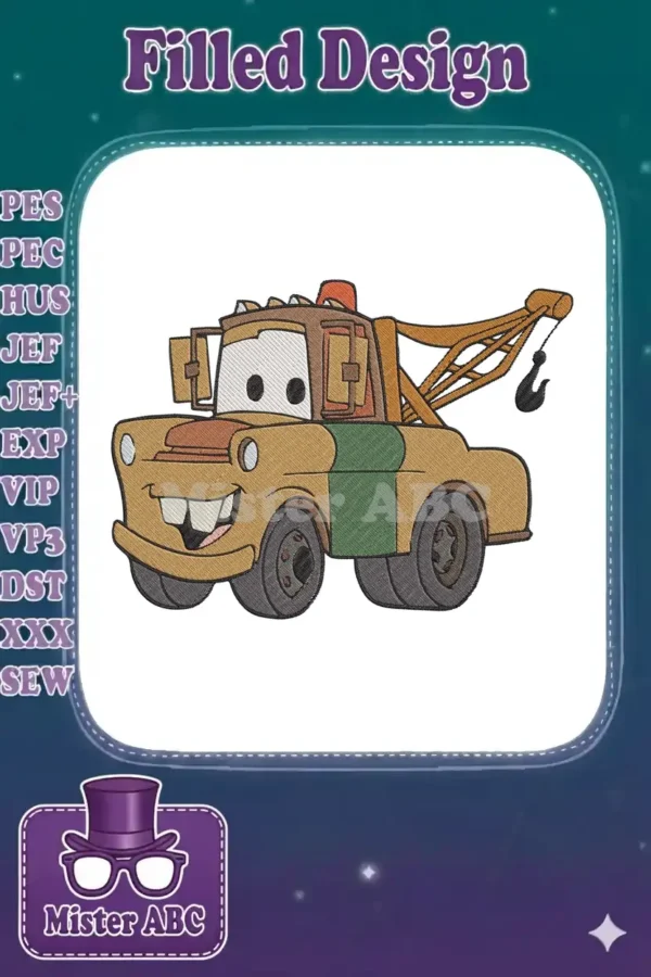 A detailed machine embroidery design of Mater, the friendly tow truck from Disney Pixar's Cars, smiling.