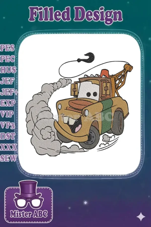 Dynamic embroidery of Mater from Disney Cars, a cheerful tow truck speeding with smoke, vibrant and detailed.