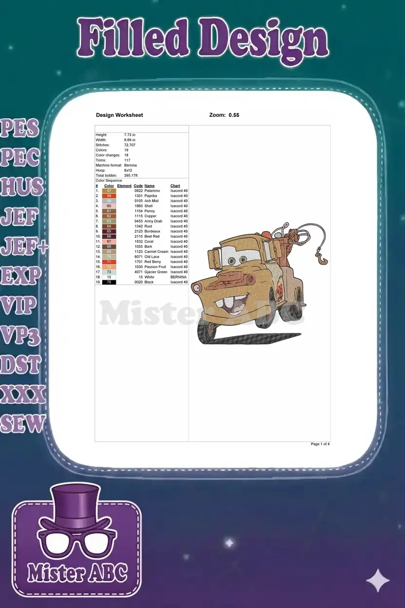 Embroidery design worksheet displaying Mater's specifications: size, stitches, colors, and thread chart.