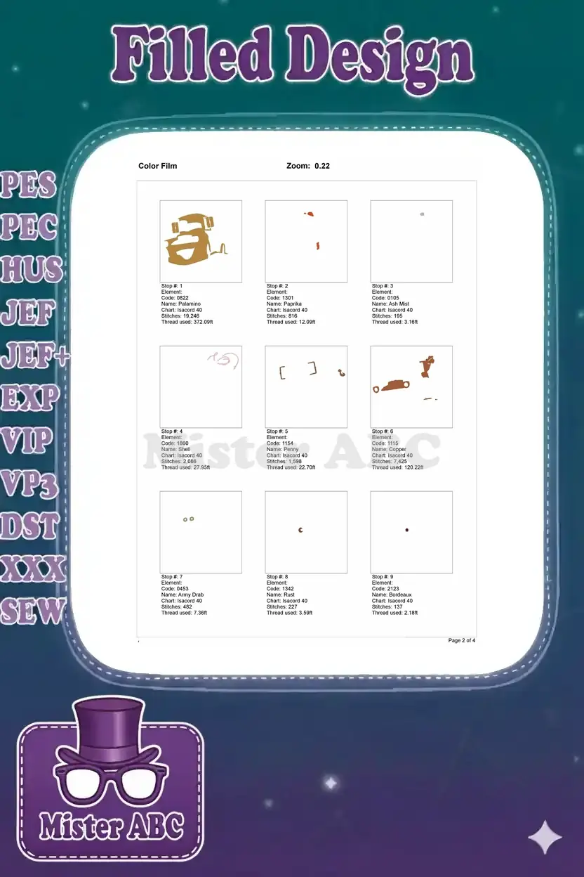 First nine color film steps for the Mater embroidery design, showing thread codes and stitch counts.