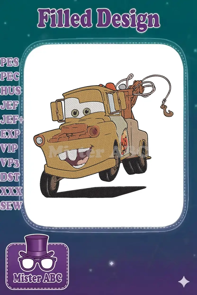 Detailed embroidery design of Mater the tow truck from Disney Pixar's Cars, smiling and ready for adventure.