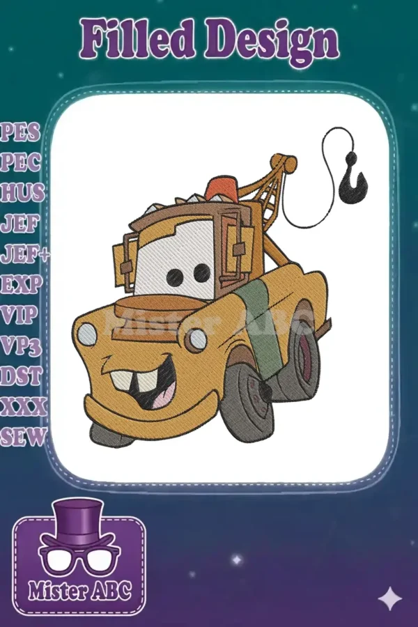 Detailed embroidery design of Mater, the friendly tow truck from Disney Pixar's Cars, smiling brightly.