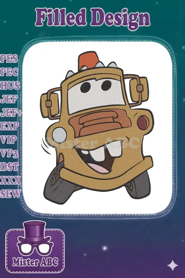 Close-up of a cheerful Mater embroidery design, featuring his signature buck teeth and rusty brown tow truck details.