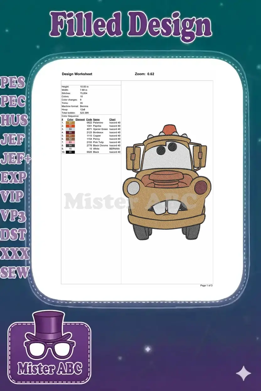 Embroidery design worksheet for Mater, detailing dimensions, stitch count (73,854), and a 10-color sequence chart.