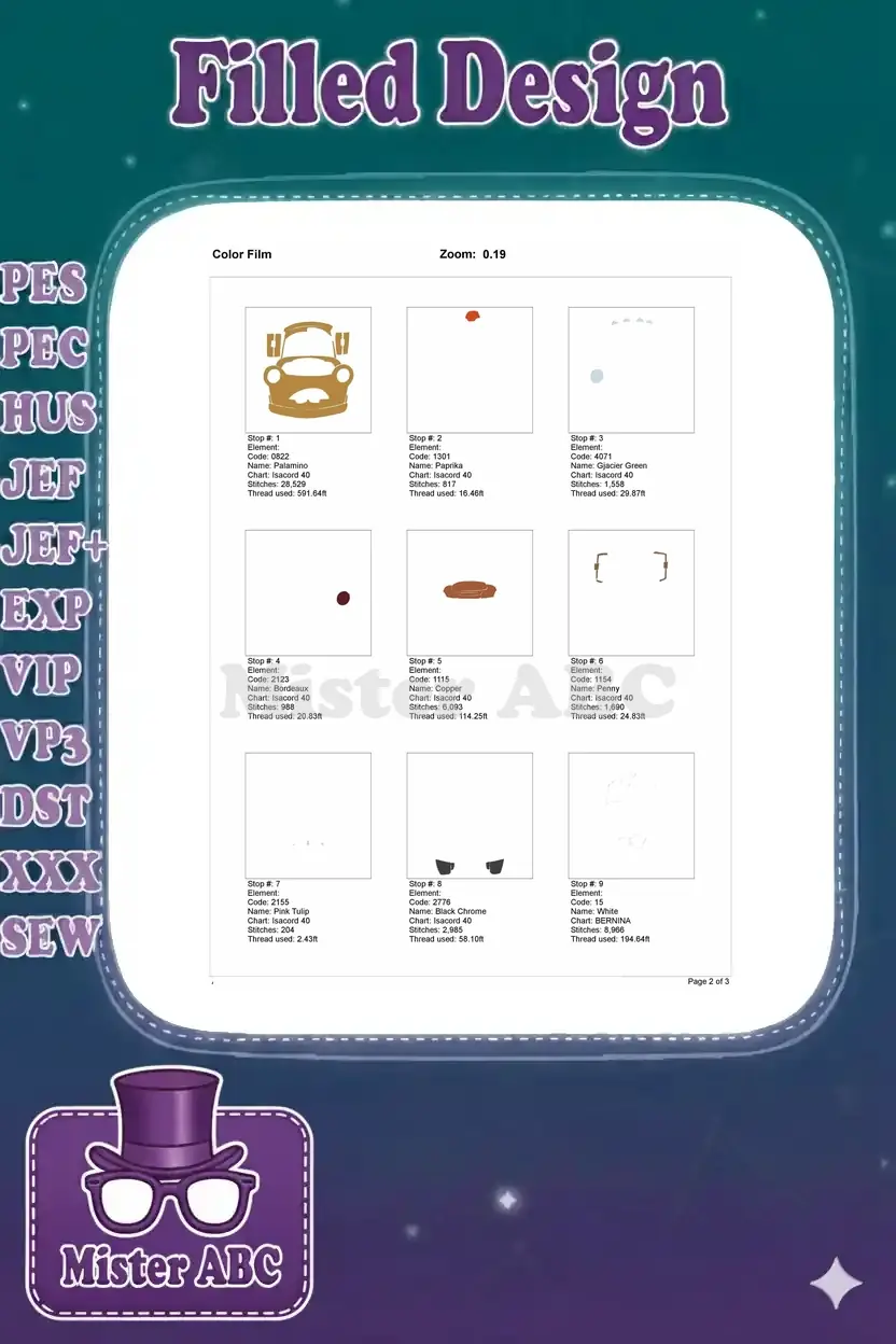 Color film breakdown for Mater embroidery, illustrating individual thread stops and their respective stitch counts for elements 1-9.