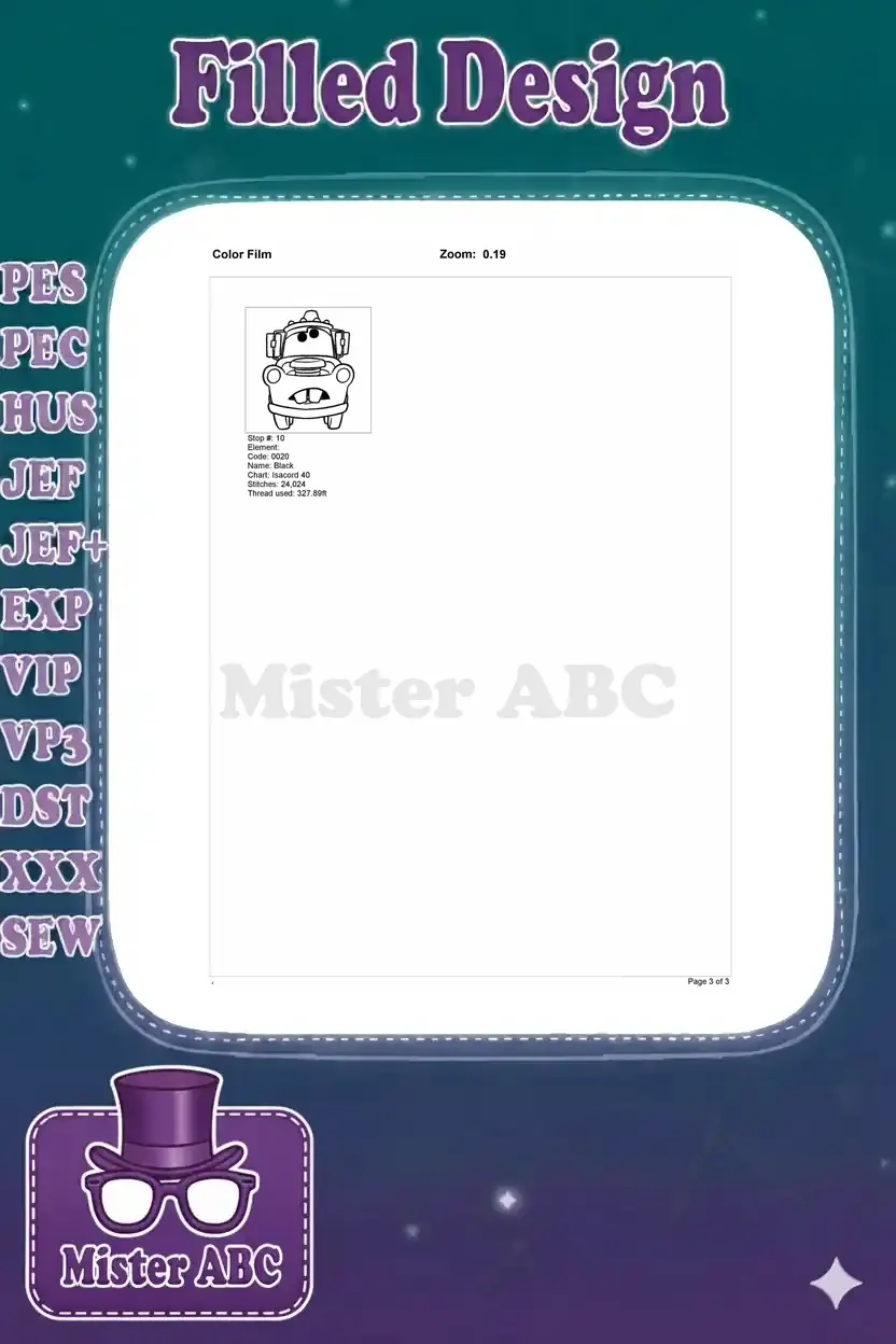 Final color film page for the Mater embroidery design, detailing the tenth and last stop: Black, with stitches and thread used.