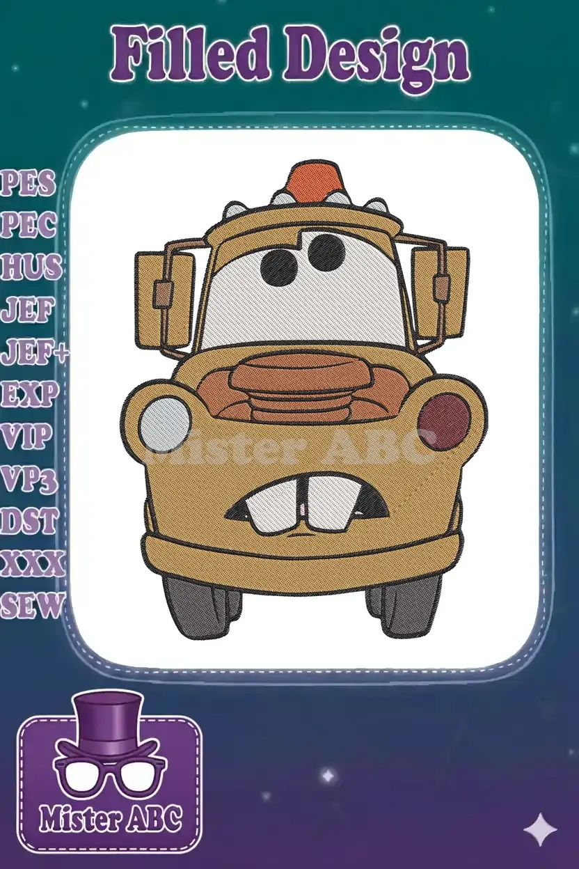 Detailed embroidery design of Mater from Disney Pixar's Cars, featuring his iconic brown body and friendly expression.