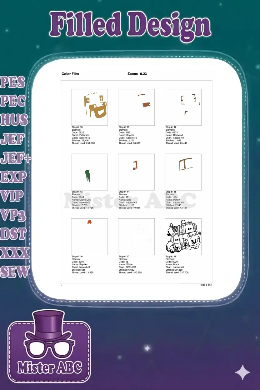 Color film page 3 of 3, showing the remaining nine stitch steps, element details, and final outline.