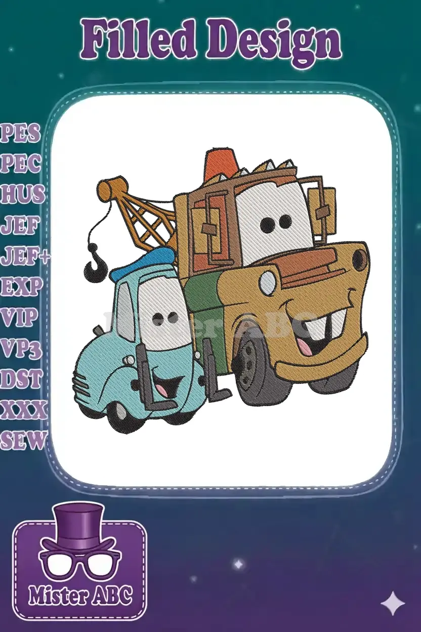 Vibrant embroidery design of Mater and a smaller blue tow truck from Disney's Cars, full of cheerful character.