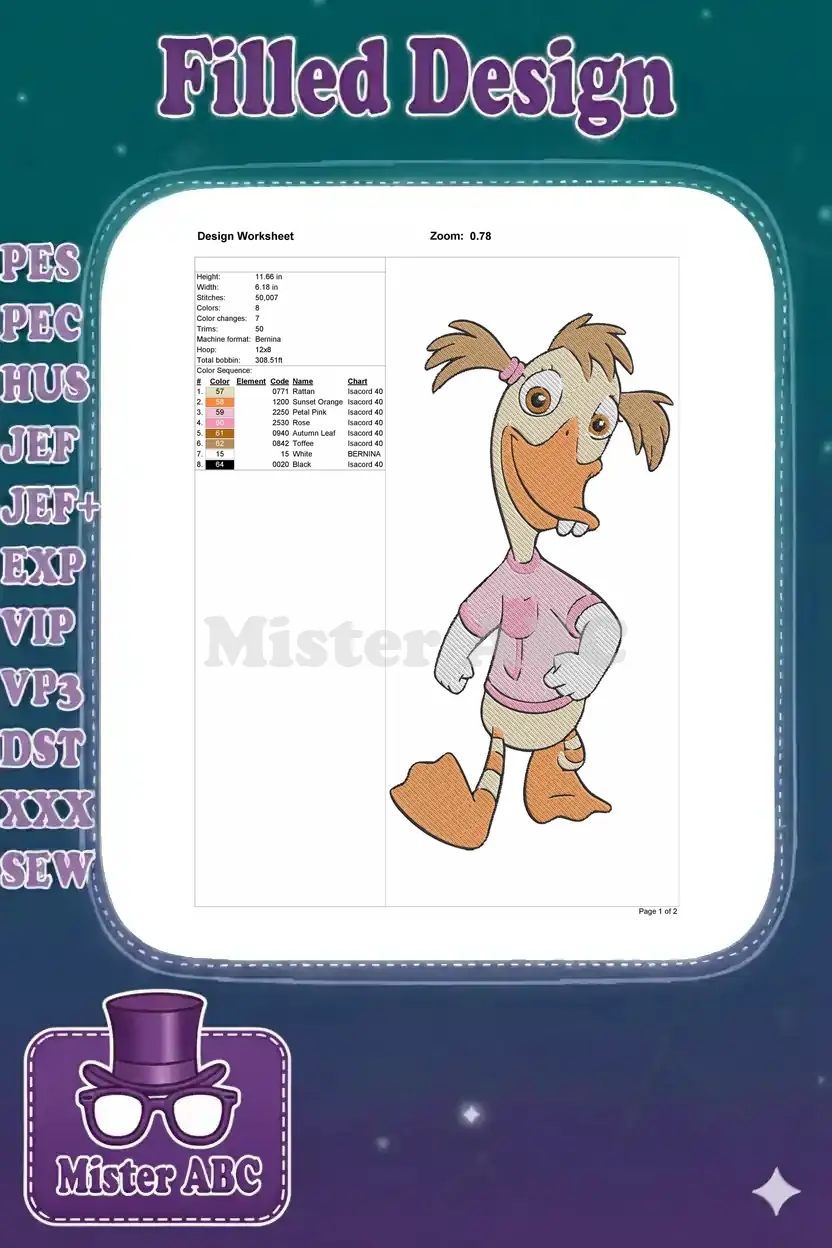 Embroidery design worksheet for Abby Mallard, detailing stitch count, dimensions, colors, and thread types.