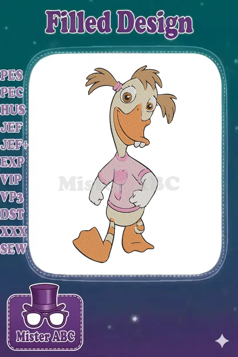 Vibrant embroidery design featuring Abby Mallard from Chicken Little, smiling brightly in a pink shirt.
