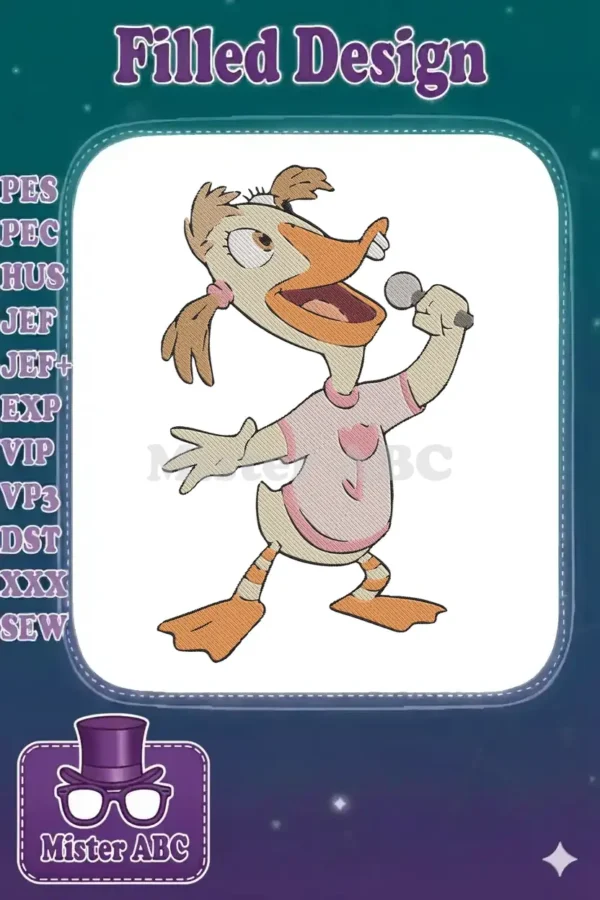 Vibrant embroidery of Shirley the Loon, a cartoon duck, singing into a microphone, detailed with satin stitches.