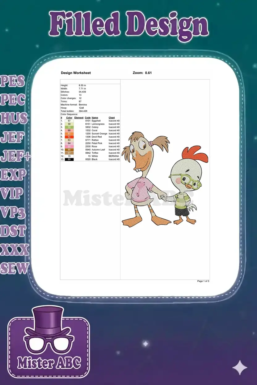 Embroidery design worksheet for Chicken Little and Abby Mallard, detailing dimensions, stitch count, and color sequence.