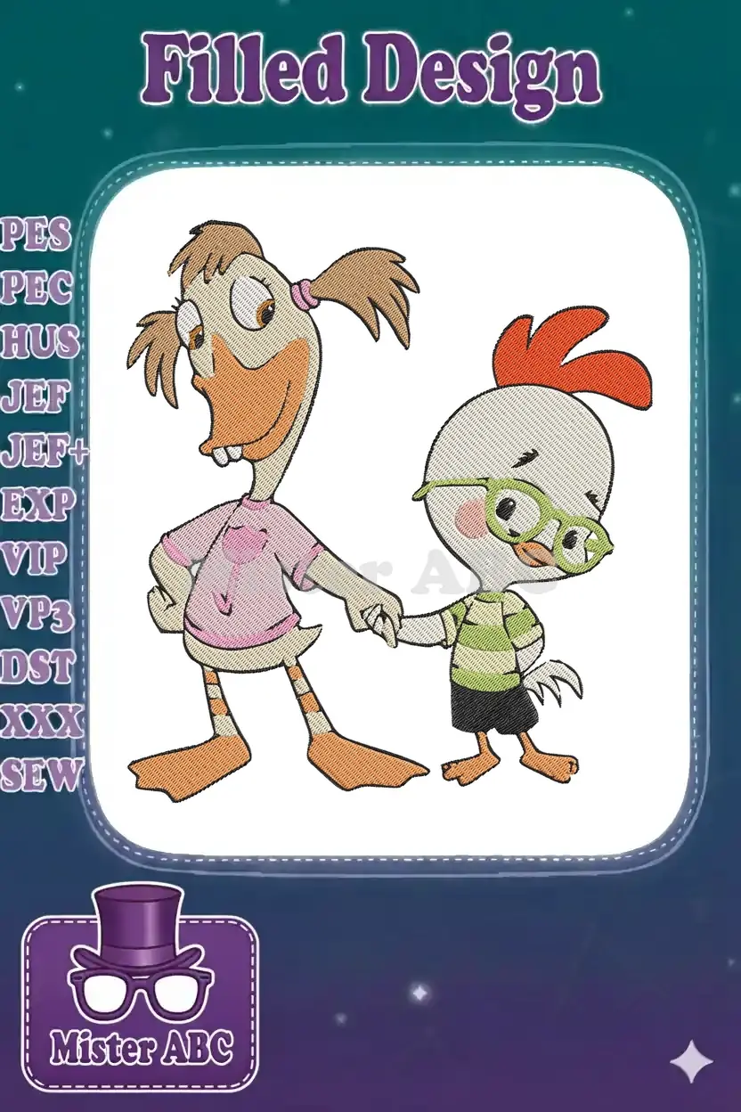 Embroidery design of Chicken Little and Abby Mallard holding hands, featuring vibrant colors and detailed stitching.