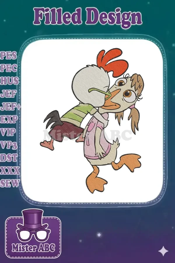Chicken Little and Abby Mallard sharing a sweet kiss, a charming and detailed embroidery design for fans.