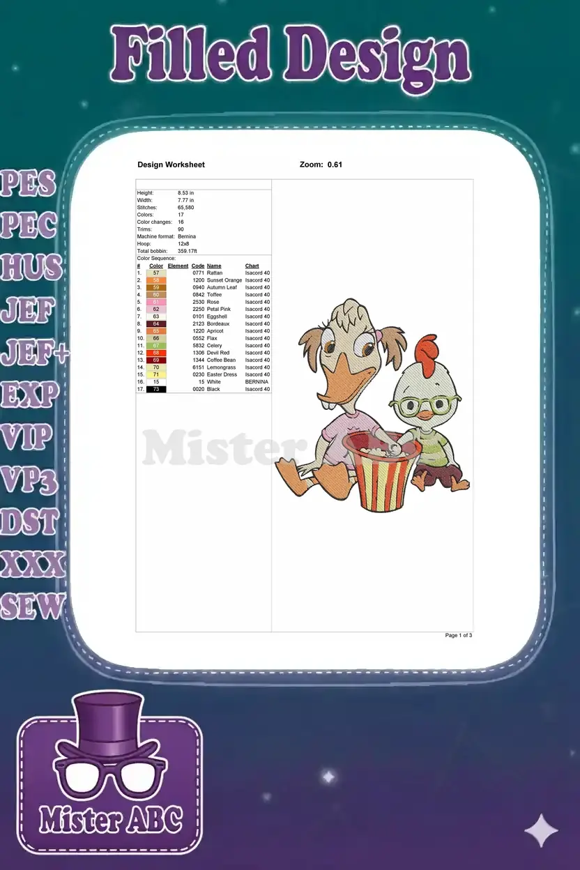 Detailed design worksheet for the Chicken Little and Abby Mallard embroidery, listing specifications and color sequence.