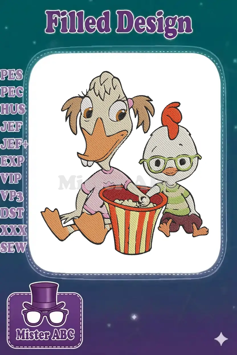 An adorable embroidery of Chicken Little and Abby Mallard sharing popcorn, featuring vibrant colors and detailed stitching.