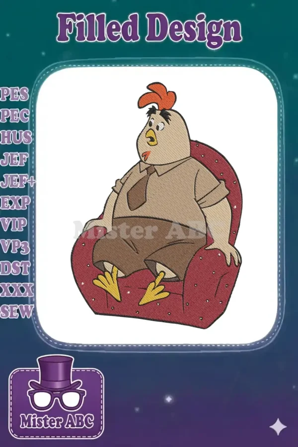 Embroidery design of Buck Cluck from Chicken Little, a plump chicken character in a shirt and tie, relaxing in a red armchair.