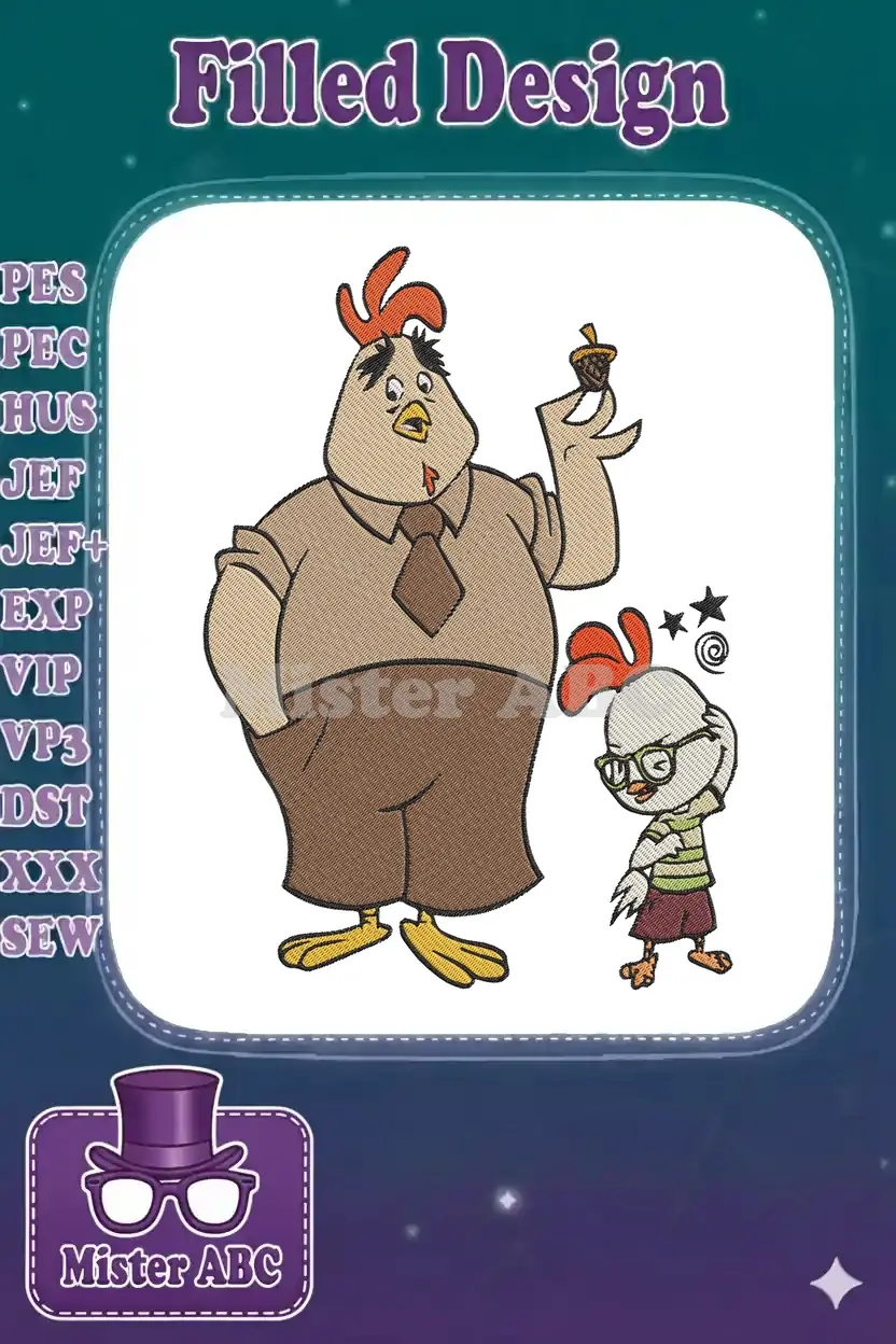 Detailed embroidery design of Buck Cluck holding an acorn, looking surprised, with Chicken Little nearby, wearing glasses.
